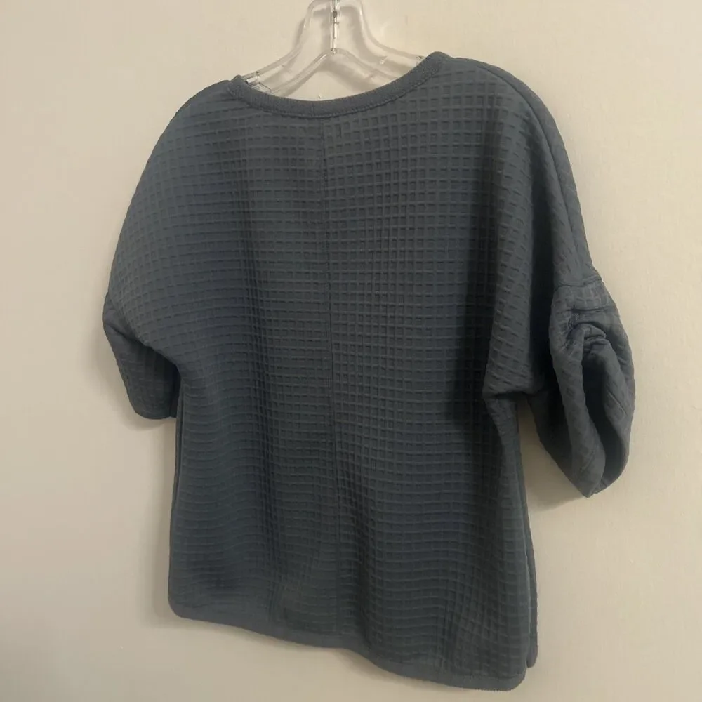 Max Studio London Blue Textured Waffle Knit Short Sleeve Top Size Small